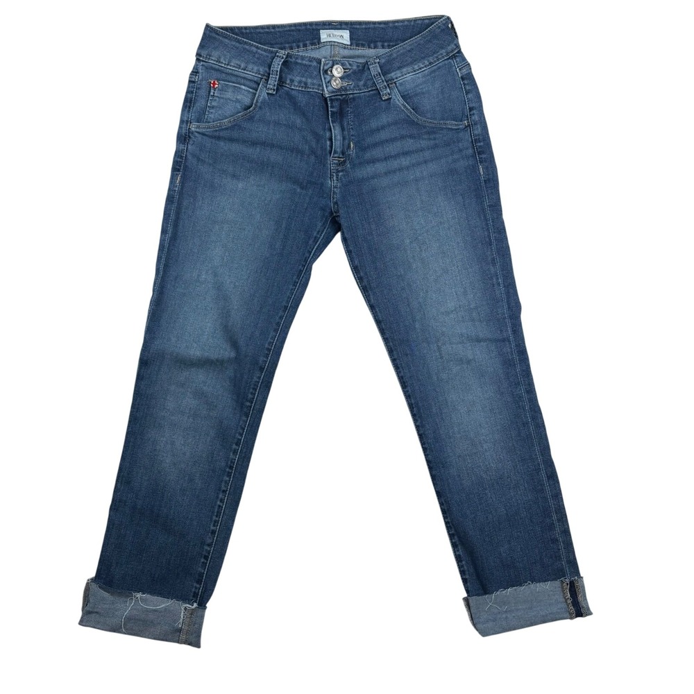 Hudson Jeans Women 28 29 Low Rise Roll Hem Cropped Distressed Raw Hem Med Wash